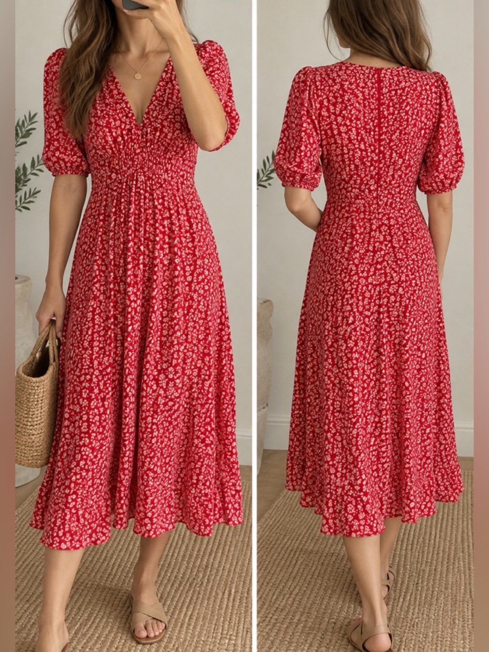 Faithfull the Brand Red Floral Midi Dress Size 4 Romantic Cottagecore Vacation